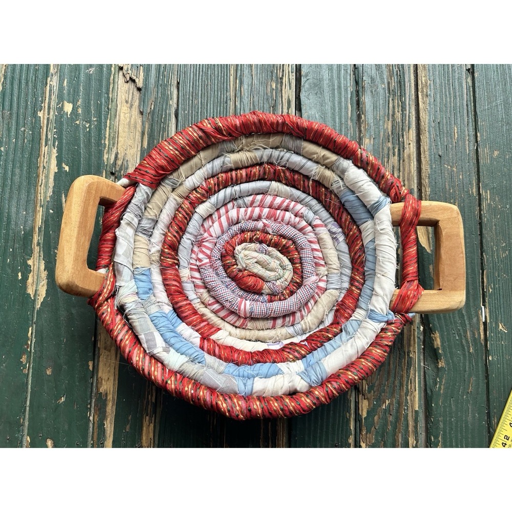 FABRIC WOVEN‎ BASKET 2 WOODEN HANDLES 14" X 4"H Vtg Granny Core